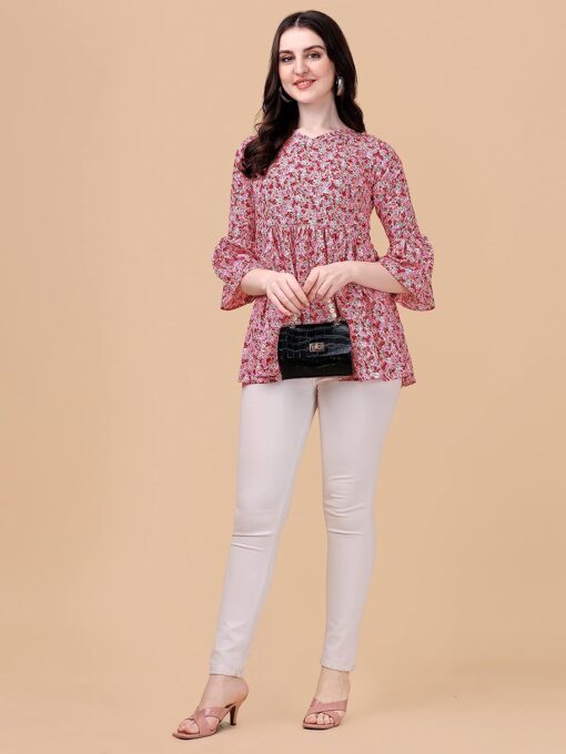 Buy Wedani Women's Casual Bell Sleeves V-Neck Foral Top (Large, Pink) - Image 5