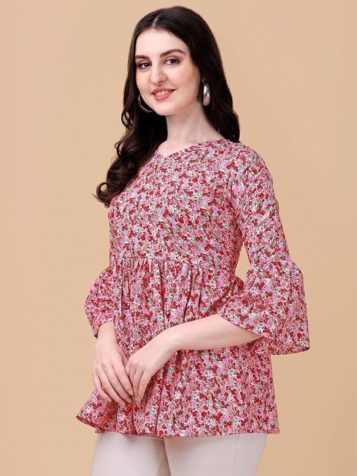 Buy Wedani Women's Casual Bell Sleeves V-Neck Foral Top (Large, Pink) - Image 7