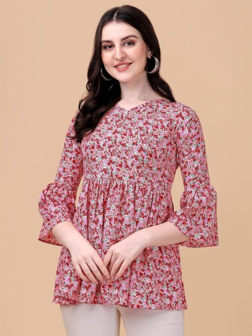 Buy Wedani Women's Casual Bell Sleeves V-Neck Foral Top (Large, Pink) - Image 4