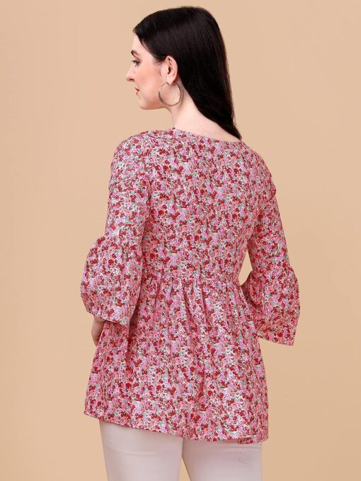 Buy Wedani Women's Casual Bell Sleeves V-Neck Foral Top (Large, Pink) - Image 2