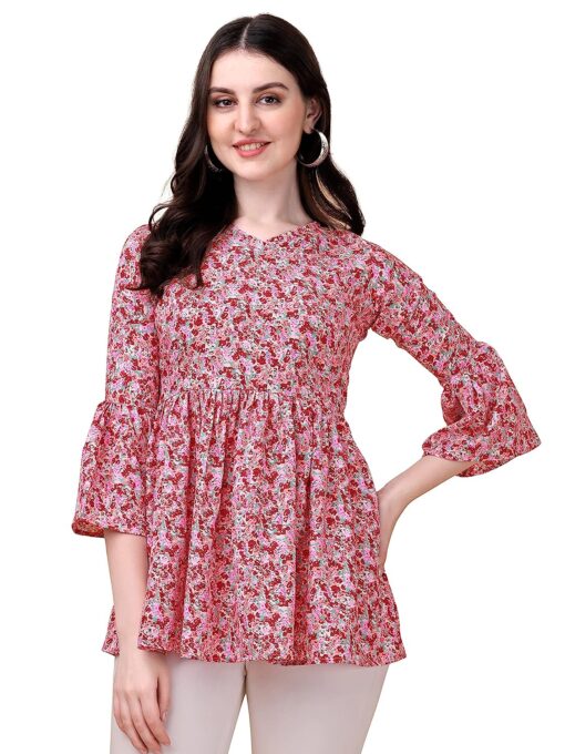 Buy Wedani Women's Casual Bell Sleeves V-Neck Foral Top (Large, Pink)
