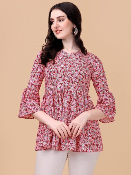 Buy Wedani Women's Casual Bell Sleeves V-Neck Foral Top (Large, Pink) - Image 3