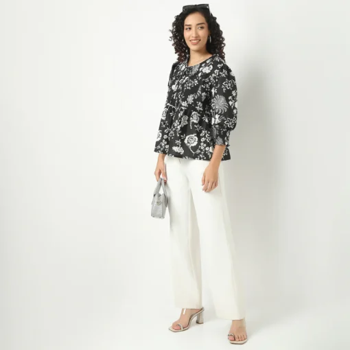 Flare Fit Floral Print Tie-Up Neck Top - Image 2