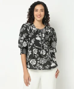 Flare Fit Floral Print Tie-Up Neck Top