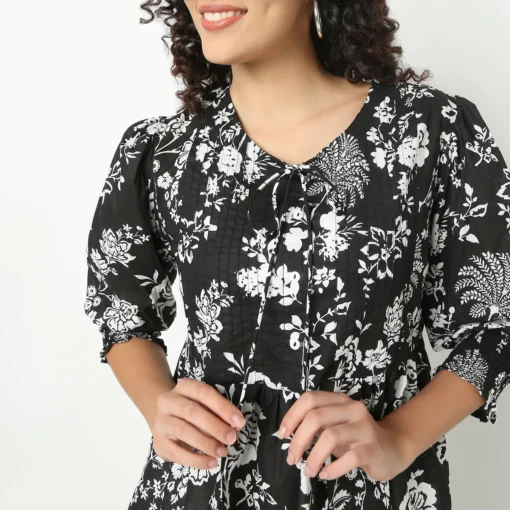 Flare Fit Floral Print Tie-Up Neck Top - Image 4